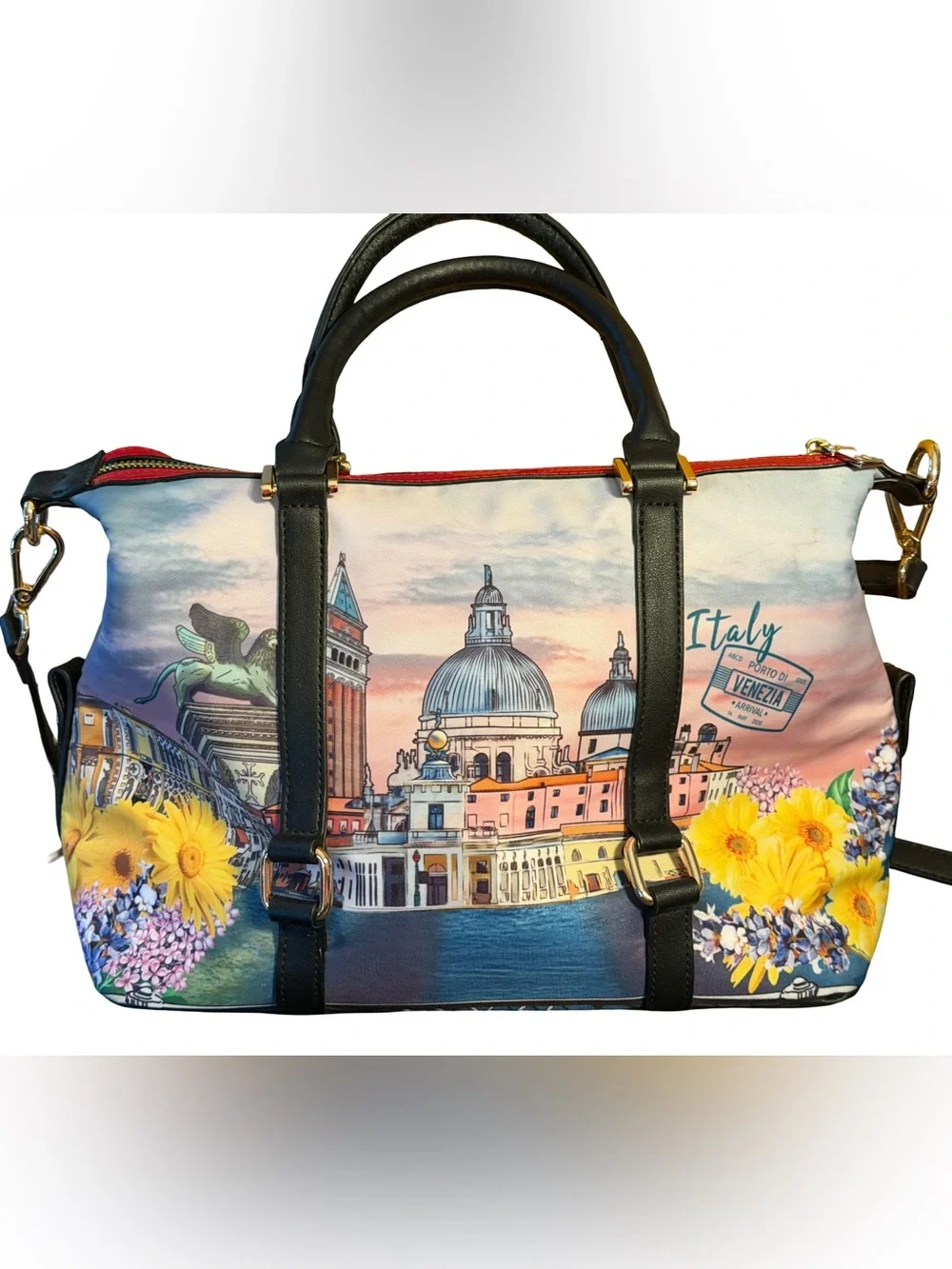 Nicole Lee USA EUC Italy Theme Printed Canvas Satchel Crossbody Bag Tote (P247)